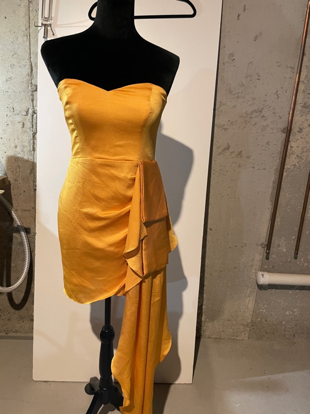 Lovers + Friends Strapless Yellow Satin Asymmetric Ruffle Dress